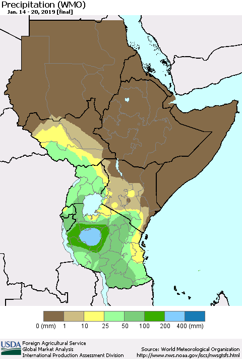 Eastern Africa Precipitation (WMO) Thematic Map For 1/14/2019 - 1/20/2019
