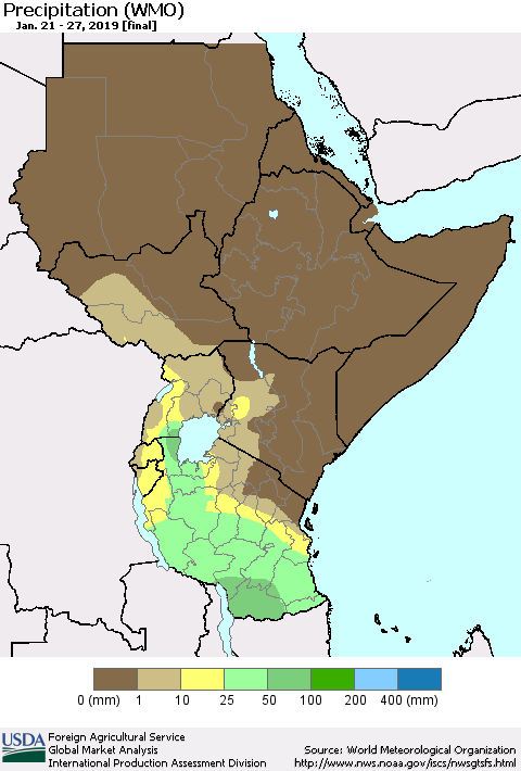 Eastern Africa Precipitation (WMO) Thematic Map For 1/21/2019 - 1/27/2019