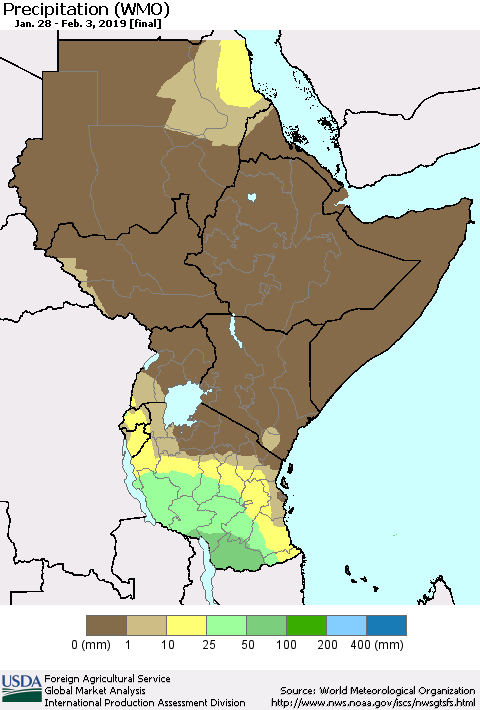 Eastern Africa Precipitation (WMO) Thematic Map For 1/28/2019 - 2/3/2019