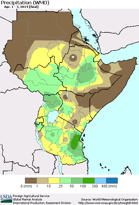 Eastern Africa Precipitation (WMO) Thematic Map For 4/1/2019 - 4/7/2019