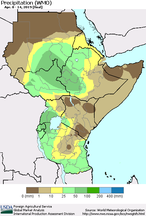 Eastern Africa Precipitation (WMO) Thematic Map For 4/8/2019 - 4/14/2019