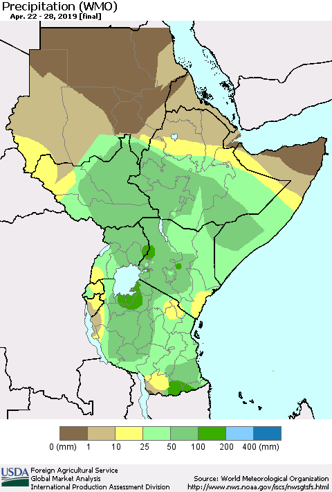 Eastern Africa Precipitation (WMO) Thematic Map For 4/22/2019 - 4/28/2019