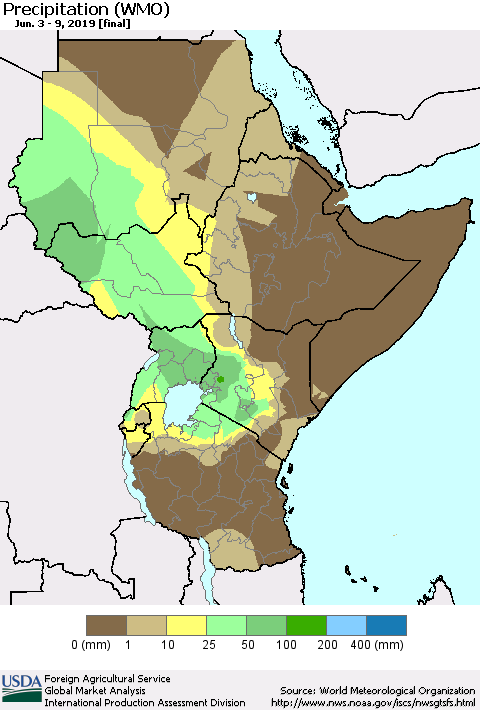Eastern Africa Precipitation (WMO) Thematic Map For 6/3/2019 - 6/9/2019