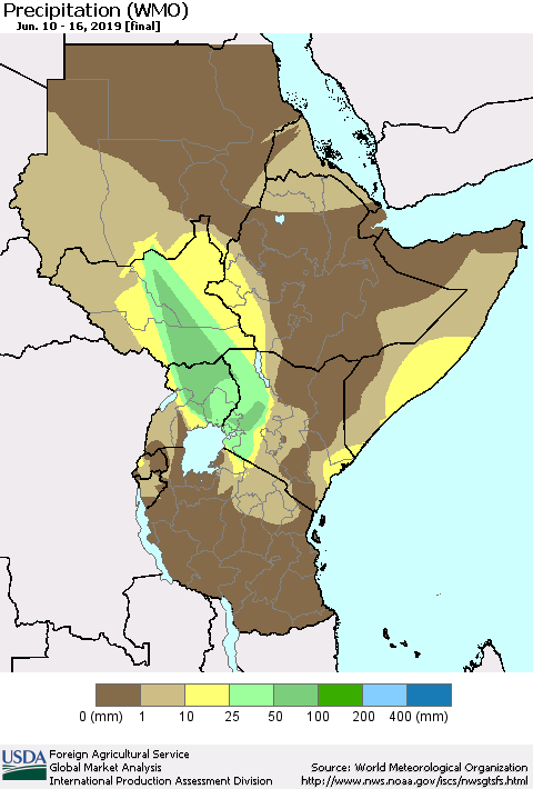 Eastern Africa Precipitation (WMO) Thematic Map For 6/10/2019 - 6/16/2019