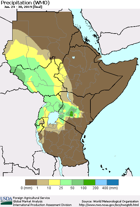 Eastern Africa Precipitation (WMO) Thematic Map For 6/24/2019 - 6/30/2019