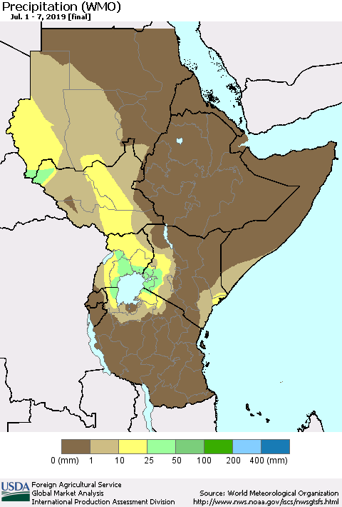 Eastern Africa Precipitation (WMO) Thematic Map For 7/1/2019 - 7/7/2019