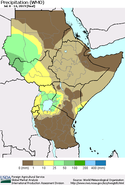 Eastern Africa Precipitation (WMO) Thematic Map For 7/8/2019 - 7/14/2019