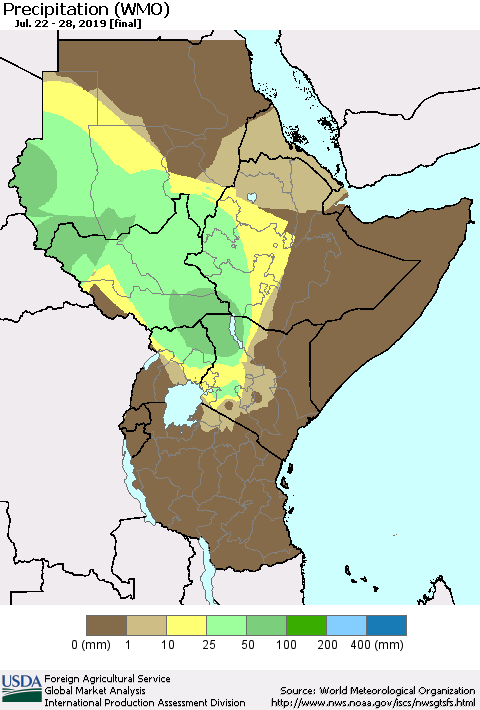 Eastern Africa Precipitation (WMO) Thematic Map For 7/22/2019 - 7/28/2019