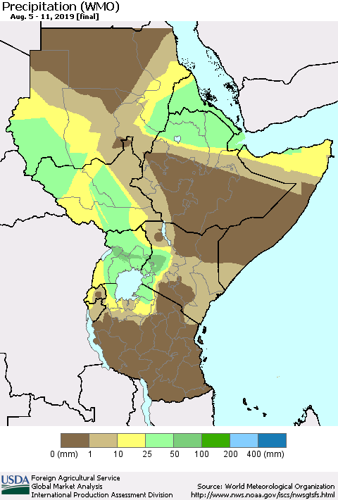 Eastern Africa Precipitation (WMO) Thematic Map For 8/5/2019 - 8/11/2019