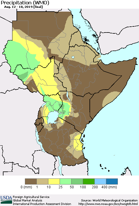 Eastern Africa Precipitation (WMO) Thematic Map For 8/12/2019 - 8/18/2019