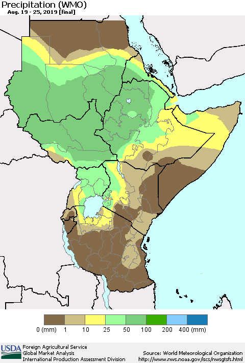 Eastern Africa Precipitation (WMO) Thematic Map For 8/19/2019 - 8/25/2019