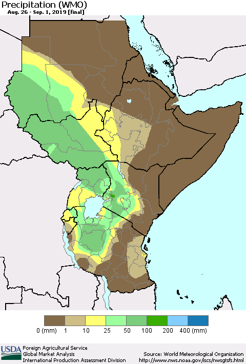 Eastern Africa Precipitation (WMO) Thematic Map For 8/26/2019 - 9/1/2019