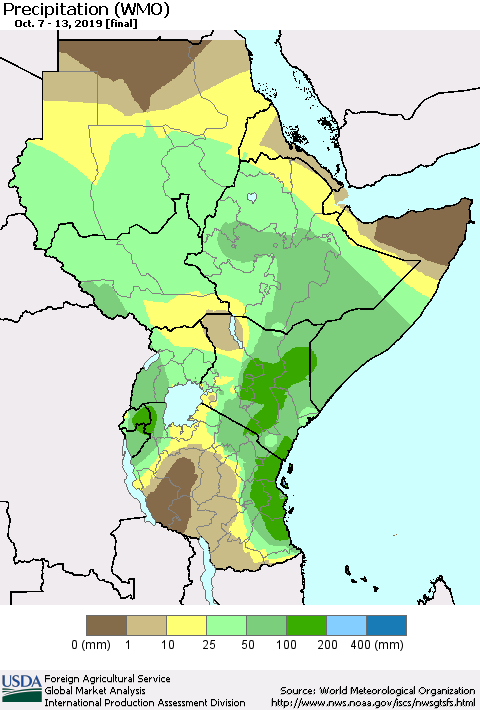 Eastern Africa Precipitation (WMO) Thematic Map For 10/7/2019 - 10/13/2019