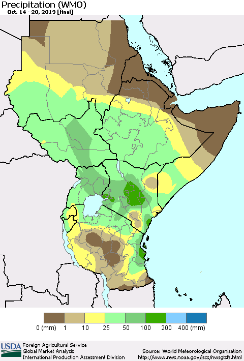 Eastern Africa Precipitation (WMO) Thematic Map For 10/14/2019 - 10/20/2019