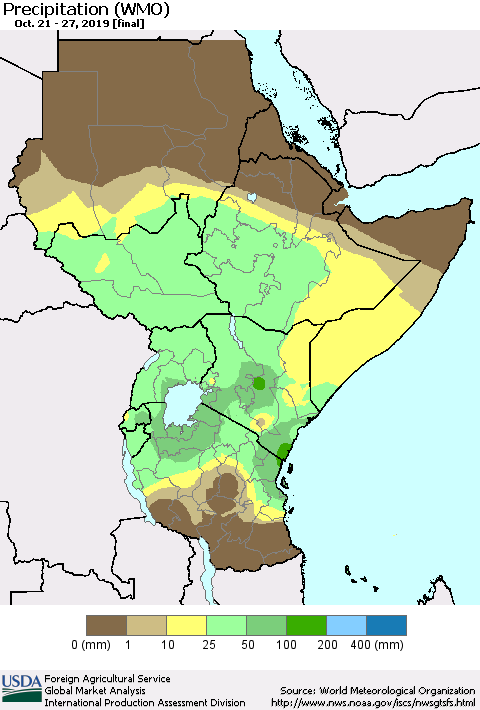 Eastern Africa Precipitation (WMO) Thematic Map For 10/21/2019 - 10/27/2019