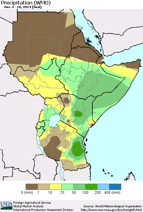 Eastern Africa Precipitation (WMO) Thematic Map For 11/4/2019 - 11/10/2019