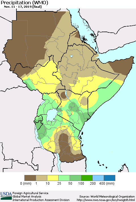 Eastern Africa Precipitation (WMO) Thematic Map For 11/11/2019 - 11/17/2019