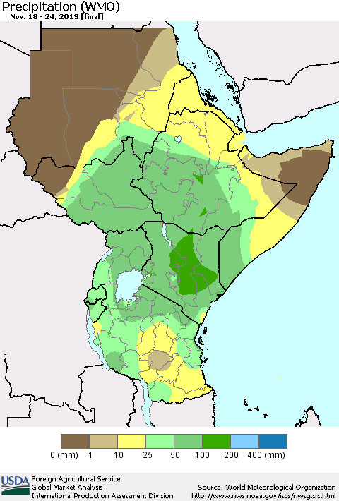 Eastern Africa Precipitation (WMO) Thematic Map For 11/18/2019 - 11/24/2019