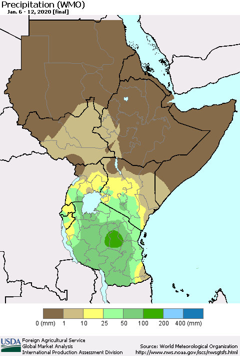 Eastern Africa Precipitation (WMO) Thematic Map For 1/6/2020 - 1/12/2020