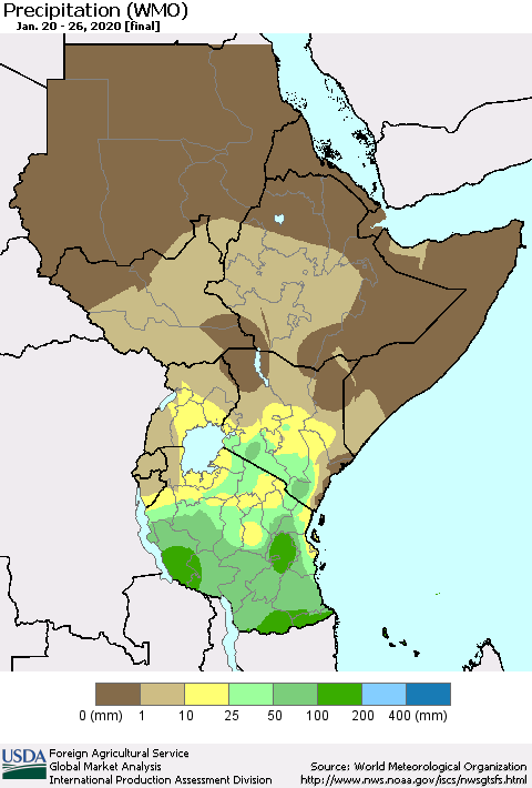Eastern Africa Precipitation (WMO) Thematic Map For 1/20/2020 - 1/26/2020