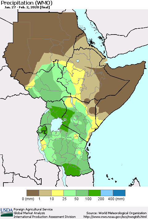 Eastern Africa Precipitation (WMO) Thematic Map For 1/27/2020 - 2/2/2020