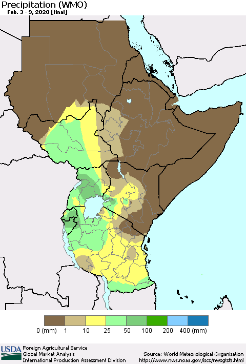 Eastern Africa Precipitation (WMO) Thematic Map For 2/3/2020 - 2/9/2020