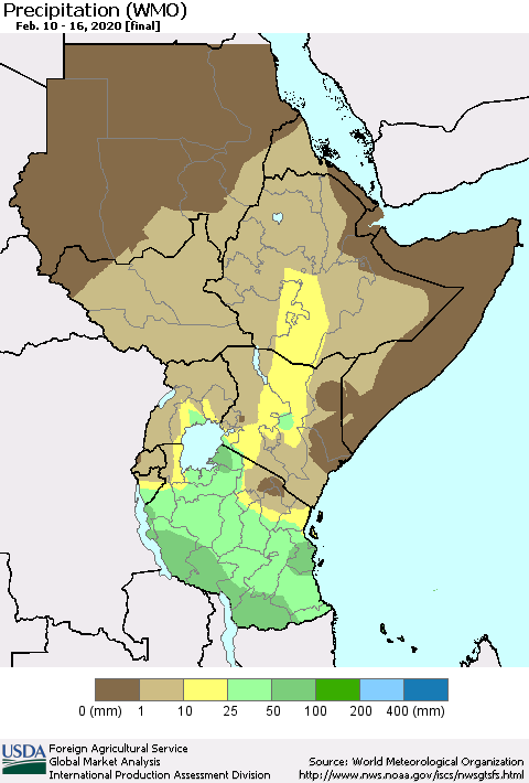 Eastern Africa Precipitation (WMO) Thematic Map For 2/10/2020 - 2/16/2020