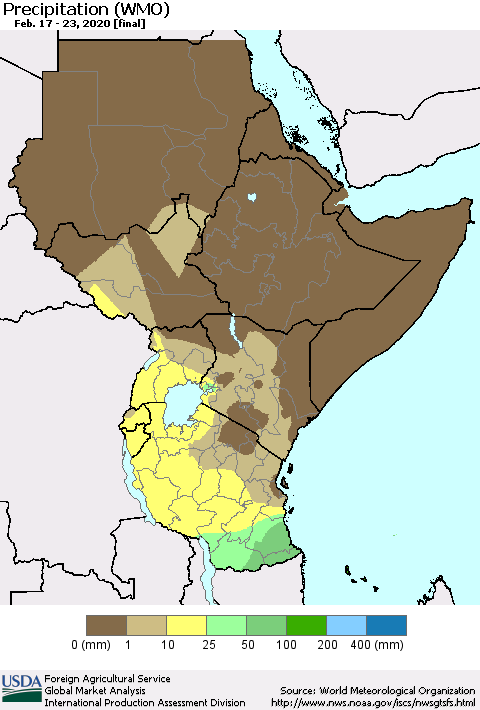 Eastern Africa Precipitation (WMO) Thematic Map For 2/17/2020 - 2/23/2020