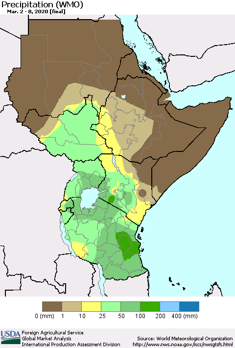 Eastern Africa Precipitation (WMO) Thematic Map For 3/2/2020 - 3/8/2020