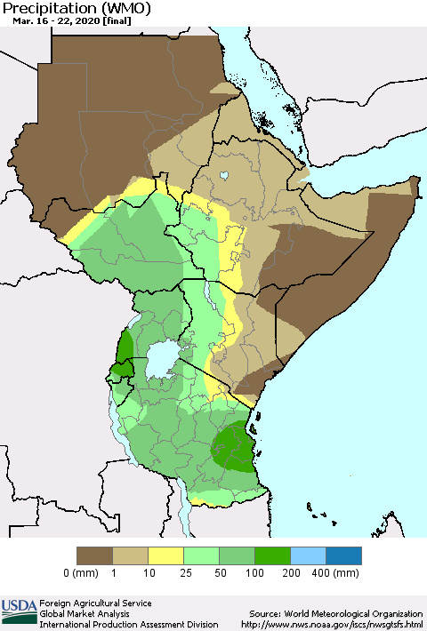Eastern Africa Precipitation (WMO) Thematic Map For 3/16/2020 - 3/22/2020