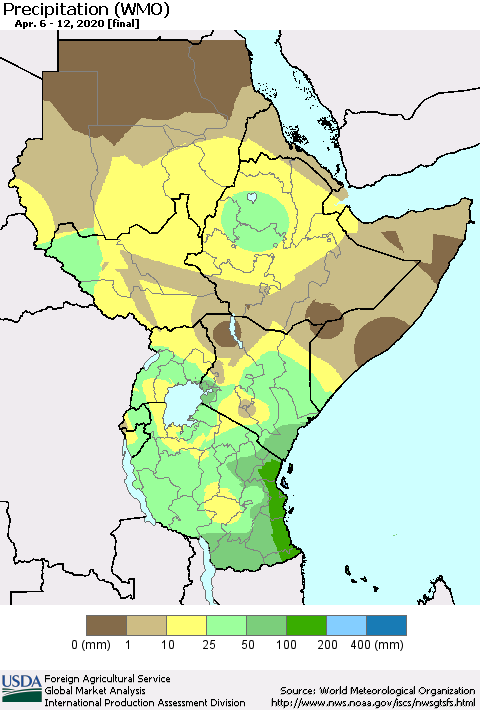 Eastern Africa Precipitation (WMO) Thematic Map For 4/6/2020 - 4/12/2020