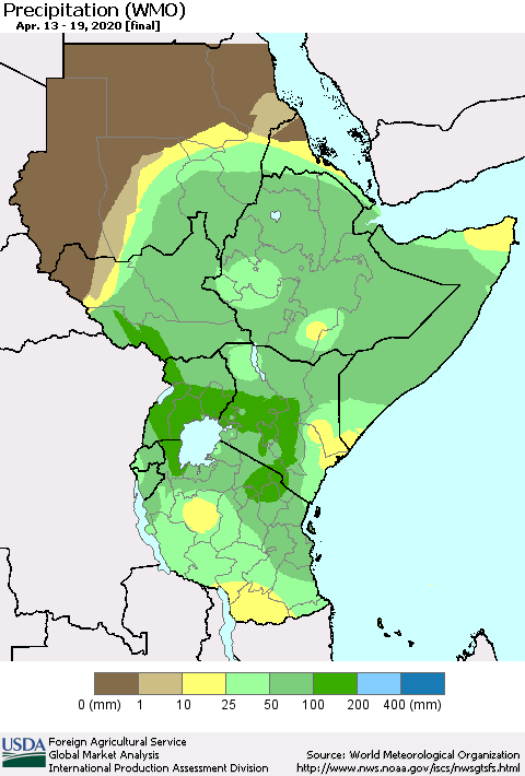 Eastern Africa Precipitation (WMO) Thematic Map For 4/13/2020 - 4/19/2020