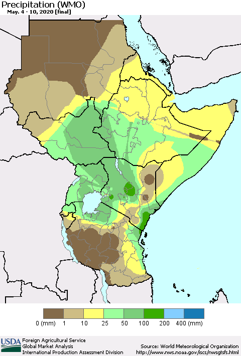 Eastern Africa Precipitation (WMO) Thematic Map For 5/4/2020 - 5/10/2020