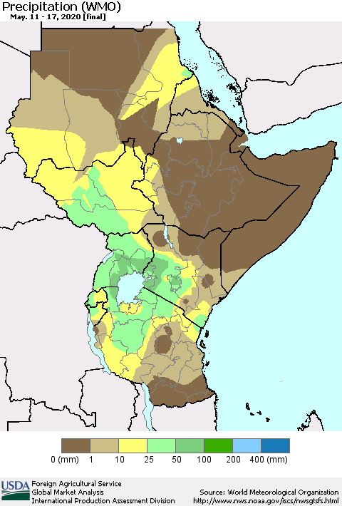 Eastern Africa Precipitation (WMO) Thematic Map For 5/11/2020 - 5/17/2020