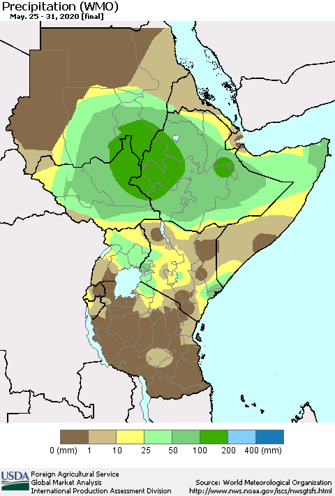 Eastern Africa Precipitation (WMO) Thematic Map For 5/25/2020 - 5/31/2020