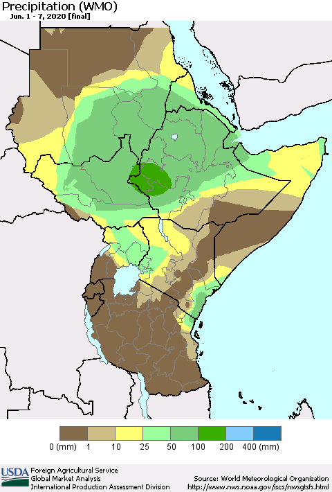 Eastern Africa Precipitation (WMO) Thematic Map For 6/1/2020 - 6/7/2020