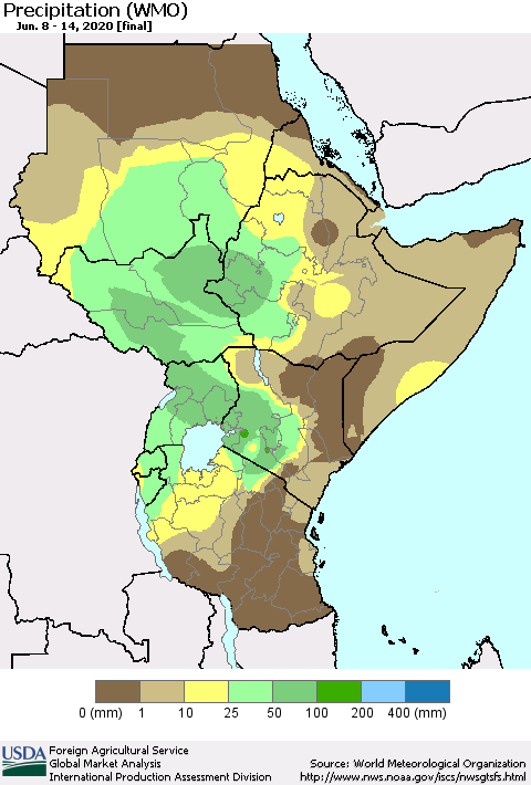 Eastern Africa Precipitation (WMO) Thematic Map For 6/8/2020 - 6/14/2020
