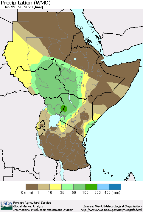 Eastern Africa Precipitation (WMO) Thematic Map For 6/22/2020 - 6/28/2020