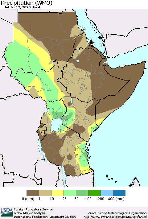 Eastern Africa Precipitation (WMO) Thematic Map For 7/6/2020 - 7/12/2020