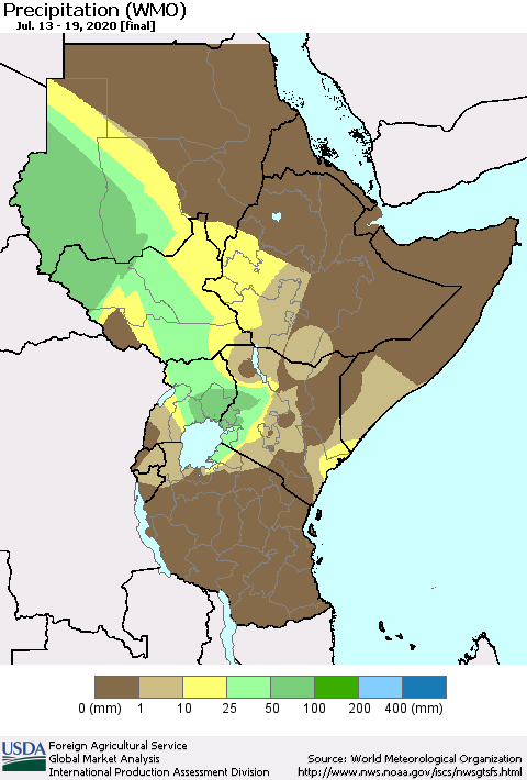 Eastern Africa Precipitation (WMO) Thematic Map For 7/13/2020 - 7/19/2020