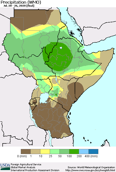 Eastern Africa Precipitation (WMO) Thematic Map For 7/20/2020 - 7/26/2020
