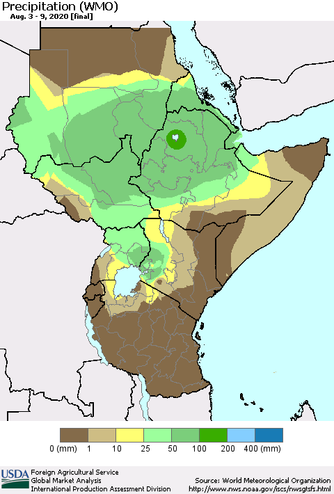 Eastern Africa Precipitation (WMO) Thematic Map For 8/3/2020 - 8/9/2020