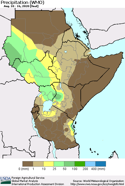 Eastern Africa Precipitation (WMO) Thematic Map For 8/10/2020 - 8/16/2020