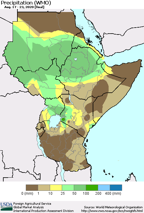 Eastern Africa Precipitation (WMO) Thematic Map For 8/17/2020 - 8/23/2020