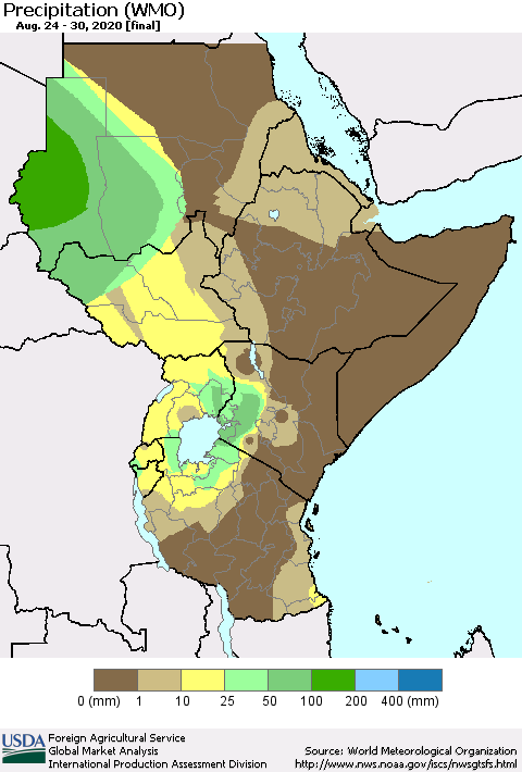 Eastern Africa Precipitation (WMO) Thematic Map For 8/24/2020 - 8/30/2020