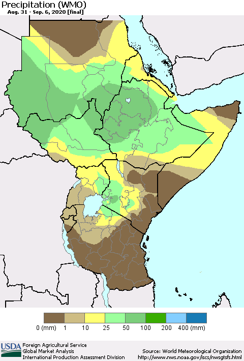 Eastern Africa Precipitation (WMO) Thematic Map For 8/31/2020 - 9/6/2020
