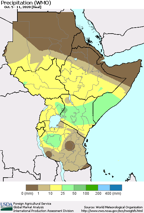 Eastern Africa Precipitation (WMO) Thematic Map For 10/5/2020 - 10/11/2020