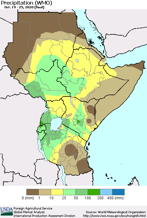 Eastern Africa Precipitation (WMO) Thematic Map For 10/19/2020 - 10/25/2020