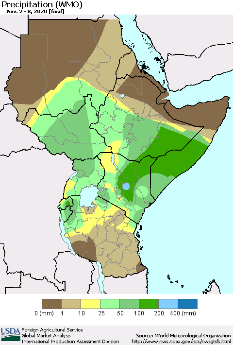 Eastern Africa Precipitation (WMO) Thematic Map For 11/2/2020 - 11/8/2020