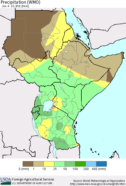 Eastern Africa Precipitation (WMO) Thematic Map For 1/4/2021 - 1/10/2021